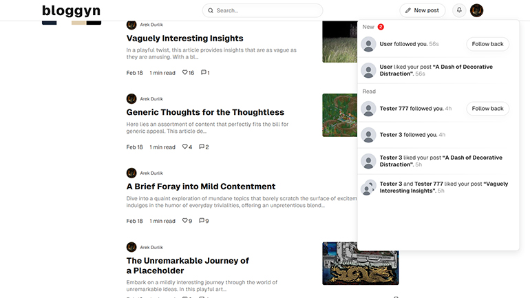 Home page of Bloggyn with a list of posts.