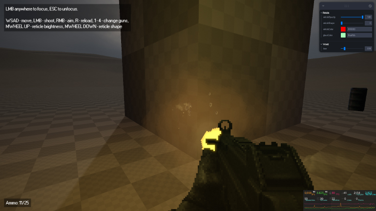 Aiming down the sights of a 2D pixelated gun in a 3D environment.