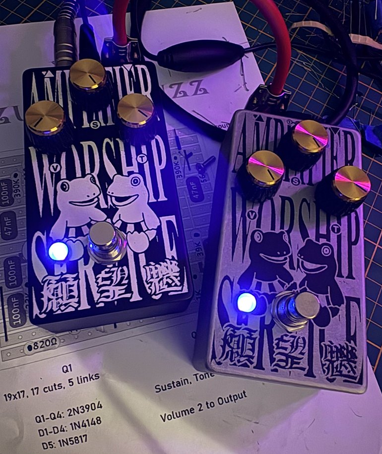 Finished fuzz pedal with silkscreened graphic