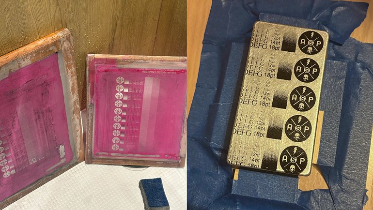 Silkscreen exposure tests and test print on pedal enclosure