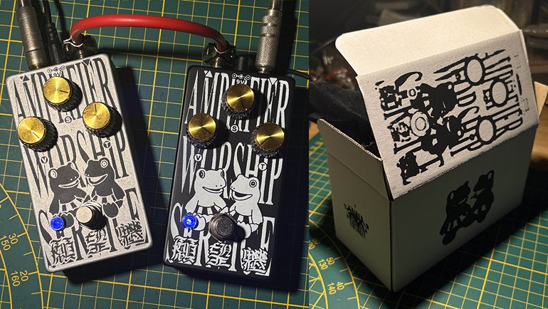Two finished pedals and a custom screen-printed shipping box