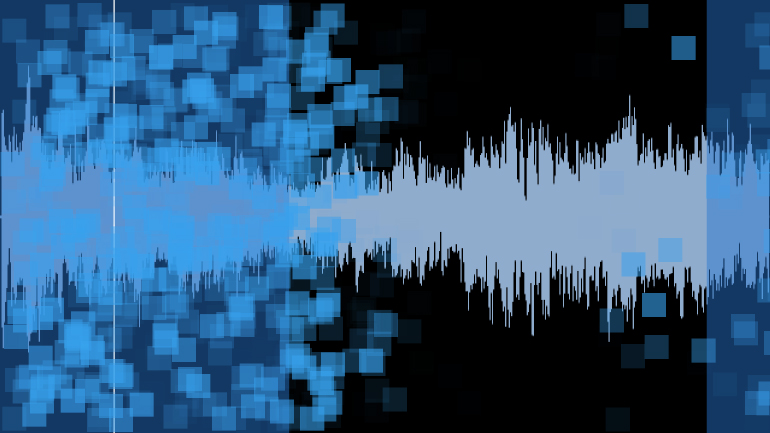 A cloud of "grains" displayed over a waveform of the original audio file.