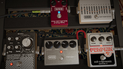 3D guitar pedalboard with pedals connected together.