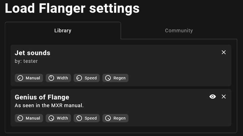 Pedal settings page with a library tab and a community tab.