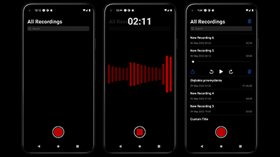 Three pictures of the application: before, during and after recording audio.