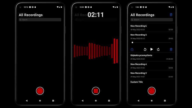 Three pictures of the application: before, during and after recording audio.