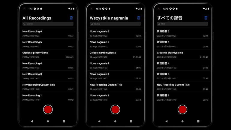 Three screenshots of the same application state in different languages