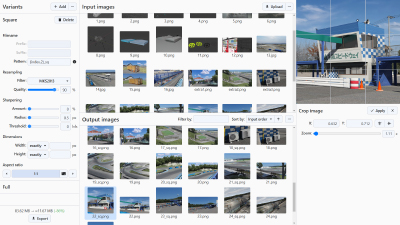 Full app interface showing variant settings, the image list and the cropping tool.