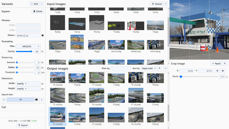 Full app interface showing variant settings, the image list and the cropping tool.