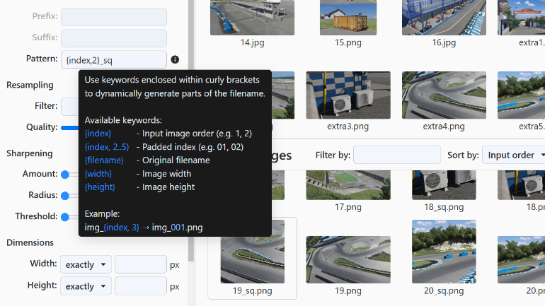 Zoom in on a tooltip explaining pattern renaming options.