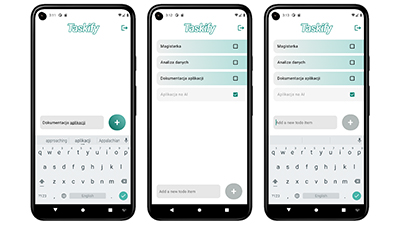 Three pictures of the application showcasing adding and deleting tasks to complete.