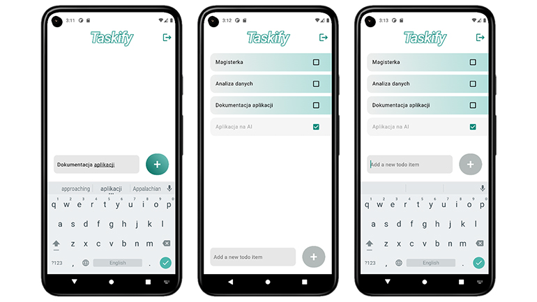 Three pictures of the application showcasing adding and deleting tasks to complete.