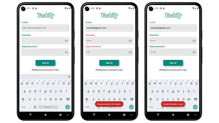 Three pictures of the application during user registration.